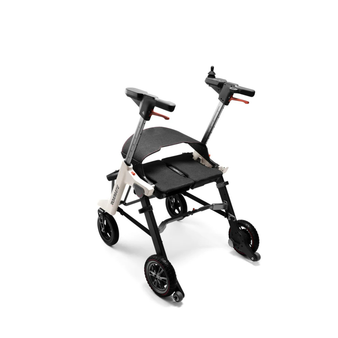 The Roamate 3-in-1 Electric Rollator Wheelchair, shown with a black-and-white frame on a white background, features four wheels, ergonomic handles, and a seat—offering modern, lightweight support for versatile mobility.