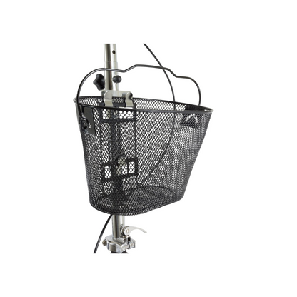 A black metal mesh basket with mounting brackets and adjustable hardware, designed for the Roscoe Portable Lightweight Rolling Knee Walker, attaches to a vertical pole for convenient storage on your mobility aid.