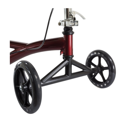 Close-up of the Roscoe Portable Lightweight Rolling Knee Walker’s front section, featuring two black wheels on a black and red frame with a visible brake lever—a practical, portable mobility aid for enhanced support.