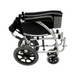 The Karman S-Ergo 115 Ergonomic Ultralite Transport Wheelchair is compact and ultra-lightweight, with a foldable silver frame for easy storage. It features large rear and smaller front wheels, plus anti-bacterial upholstery on the black seat for comfort and hygiene.