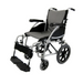 The Karman S-Ergo 115 Ergonomic Ultralite Transport Wheelchair features an ultra-lightweight design with a gray seat and backrest, black armrests, footrests, a silver frame, large rear wheels for easy maneuvering, smaller front wheels, and anti-bacterial upholstery for added hygiene.