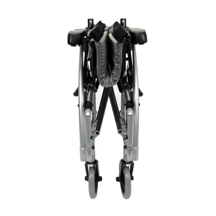 A front view of the folded Karman S-Ergo 115 Ergonomic Ultralite Transport Wheelchair showcases its silver frame and grey seat. Its sleek, compact design ensures easy storage or transport, while small front wheels enhance convenience and mobility.