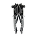 A front view of the folded Karman S-Ergo 115 Ergonomic Ultralite Transport Wheelchair showcases its silver frame and grey seat. Its sleek, compact design ensures easy storage or transport, while small front wheels enhance convenience and mobility.