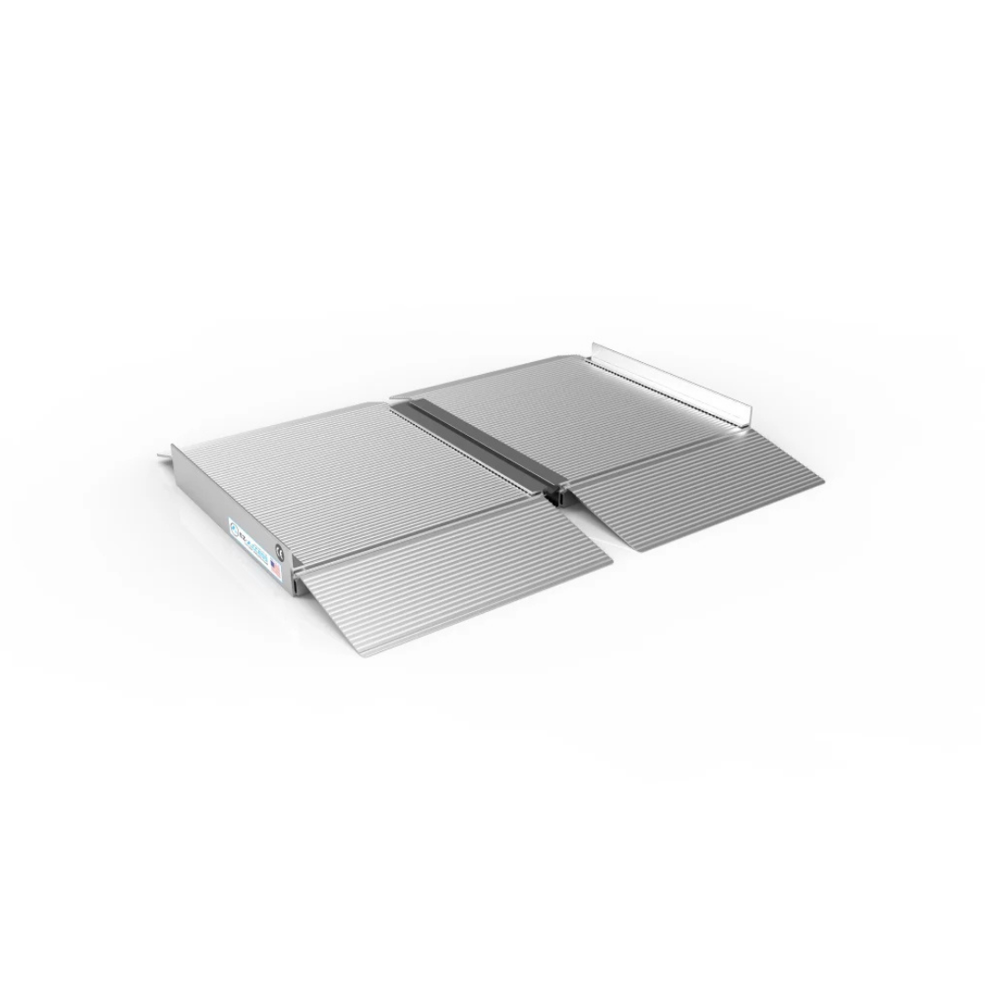 The EZ-Access SUITCASE® Singlefold Mobility Ramp is a portable metal ramp with a textured, non-slip surface and foldable design for easy access over steps or curbs. Includes warranty information and full specifications.