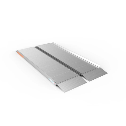 The EZ-Access SUITCASE® Singlefold Mobility Ramp is a portable, foldable metal ramp with a non-slip surface and raised edges for safe access over steps or curbs. Includes warranty and specs. Shown extended on a white background.