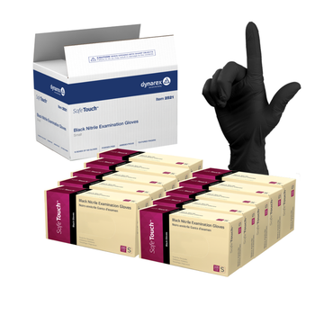 A person wearing a black glove holds up one finger beside boxes of Dynarex Safe-Touch Black Nitrile Powder-Free Exam Gloves, with a larger Dynarex shipping box in the background.