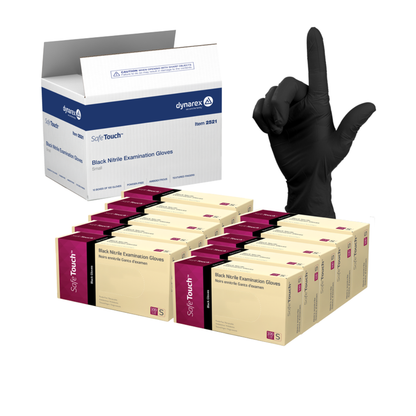 A person wearing a black glove holds up one finger beside boxes of Dynarex Safe-Touch Black Nitrile Powder-Free Exam Gloves, with a larger Dynarex shipping box in the background.