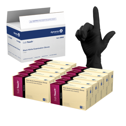 A gloved hand in black nitrile points upward beside an open box and packaged boxes labeled “Dynarex Safe-Touch Black Nitrile Powder-Free Exam Gloves.”.