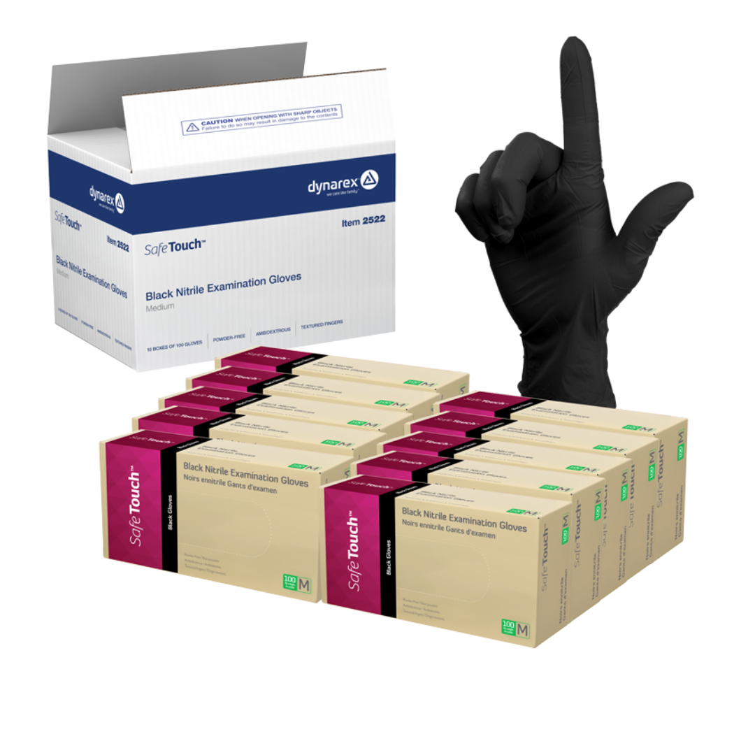 A hand in a black latex glove points upward next to boxes of Dynarex Safe-Touch Black Nitrile Powder-Free Exam Gloves and an open Dynarex shipping box.