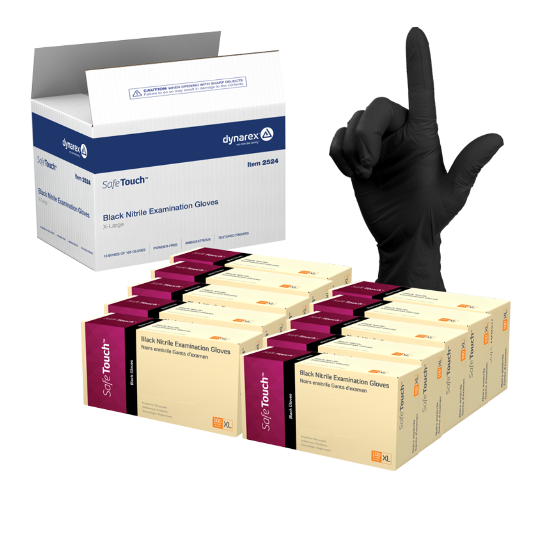 A black-gloved hand is held upright beside opened boxes and cartons labeled Dynarex Safe-Touch Black Nitrile Powder-Free Exam Gloves.