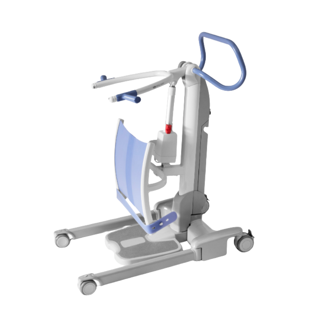 The ARJO Sara Flex Sit-to-Stand Patient Transfer Lift aids caregivers with safe sit-to-stand transfers, featuring wheels, blue handles, a blue padded support sling, a sturdy frame, and a foot platform for individuals with limited mobility.