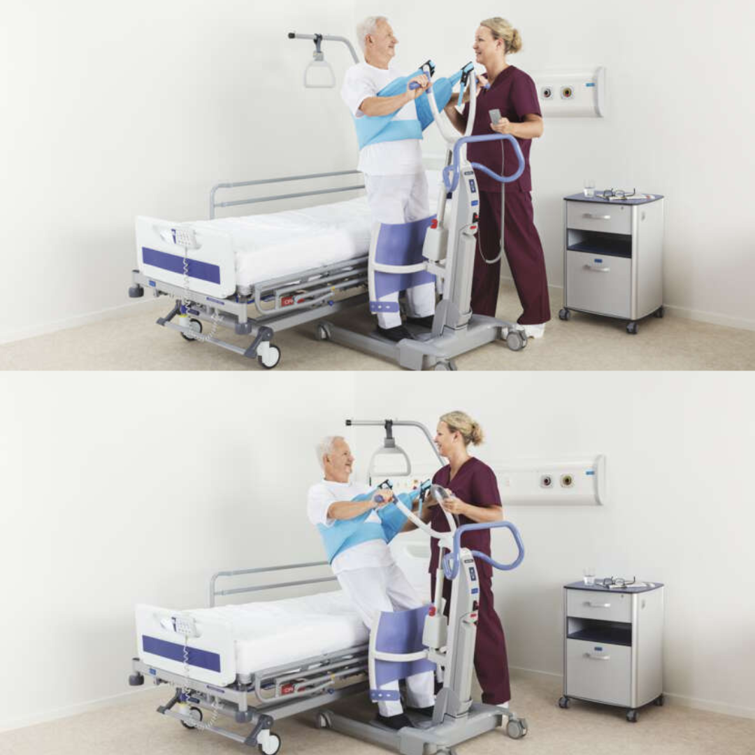 Two images show a healthcare worker assisting an older patient with a sit-to-stand transfer using the ARJO Sara Flex Sit-to-Stand Patient Transfer Lift next to a hospital bed. The patient wears a support harness in a safe clinical setting.
