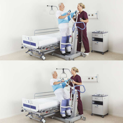 Two images show a healthcare worker assisting an older patient with a sit-to-stand transfer using the ARJO Sara Flex Sit-to-Stand Patient Transfer Lift next to a hospital bed. The patient wears a support harness in a safe clinical setting.