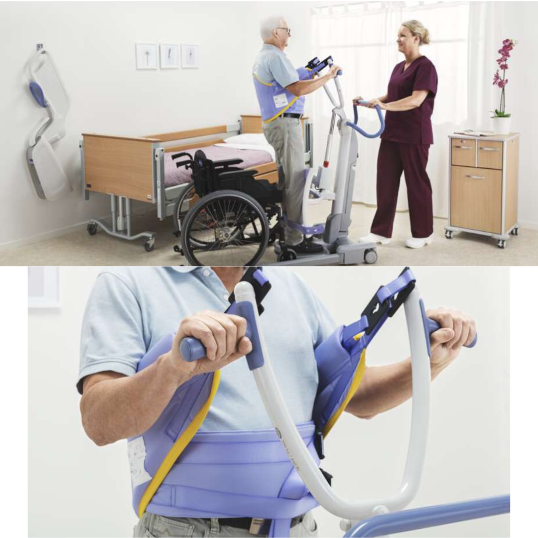 A healthcare worker helps an older man use the ARJO Sara Flex Sit-to-Stand Patient Transfer Lift near a hospital bed and wheelchair. A close-up shows the man gripping the handles while secured by the lift's harness.