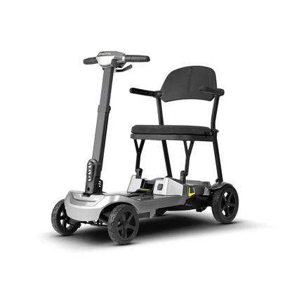 The ScootNGo Lite Portable Folding Scooter is a compact four-wheeled mobility scooter with a sleek gray and black design, black seat, armrests, and handlebar. See product specifications for complete details.