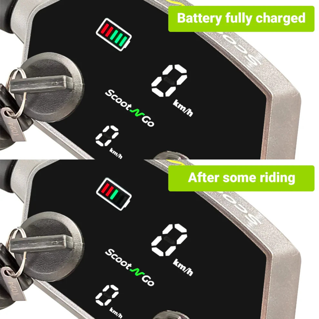 Split image of ScootNGo Lite Portable Folding Scooter display shows battery fully charged (top) and reduced after use (bottom), both with speed at zero and keys in ignition—ideal for highlighting key product features.