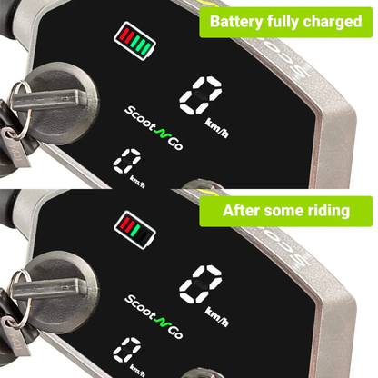 Split image of ScootNGo Lite Portable Folding Scooter display shows battery fully charged (top) and reduced after use (bottom), both with speed at zero and keys in ignition—ideal for highlighting key product features.