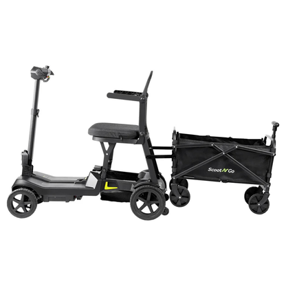 The ScootNGo Lite Portable Folding Scooter is a black, four-wheel mobility scooter with a padded seat, handlebars, and a small black wagon. See product specs for storage capacity and more features.