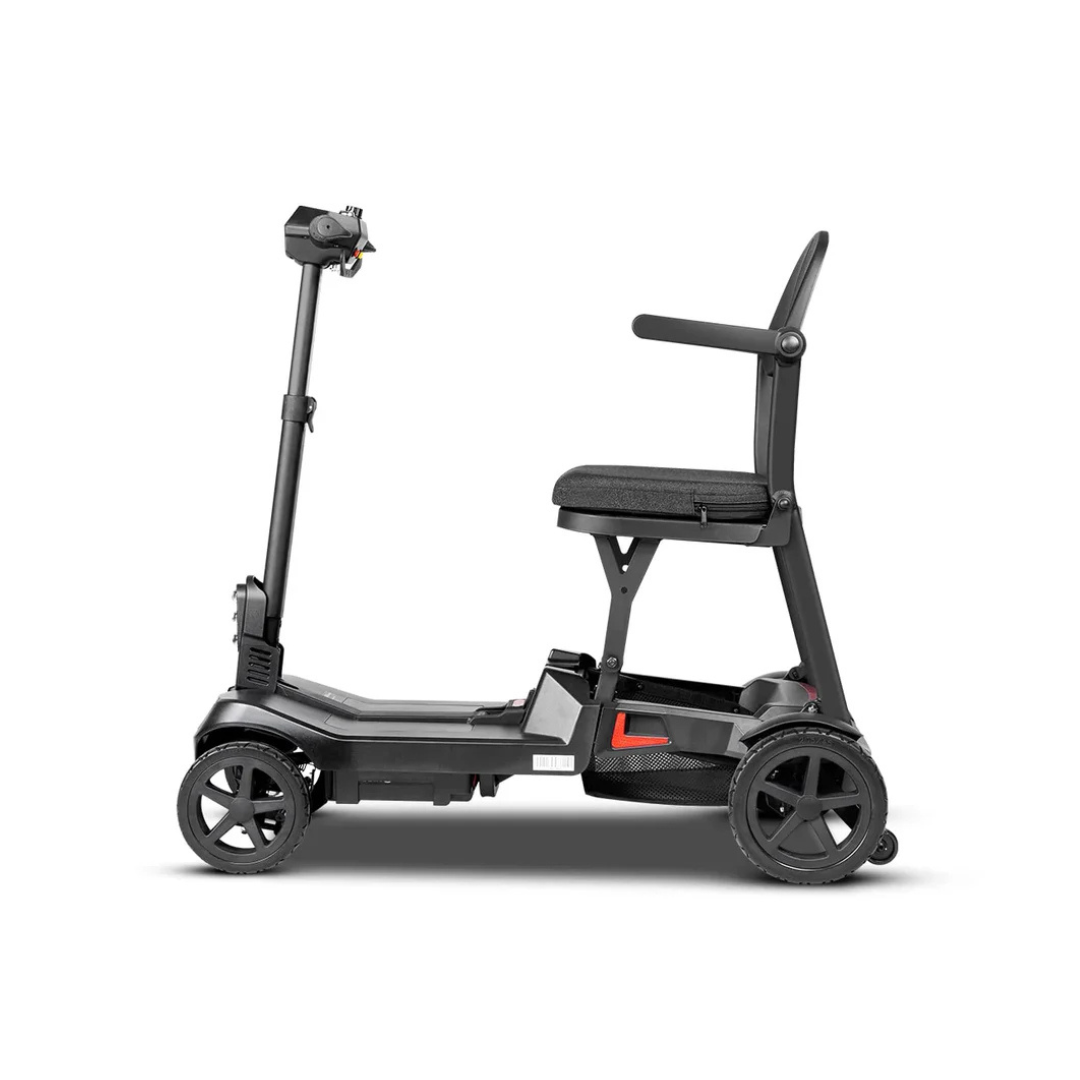 The ScootNGo Lite Portable Folding Scooter, shown in profile against a white background, is a compact black four-wheel model with a padded seat, armrests, and simple handlebar—perfect for those seeking clear product specs.