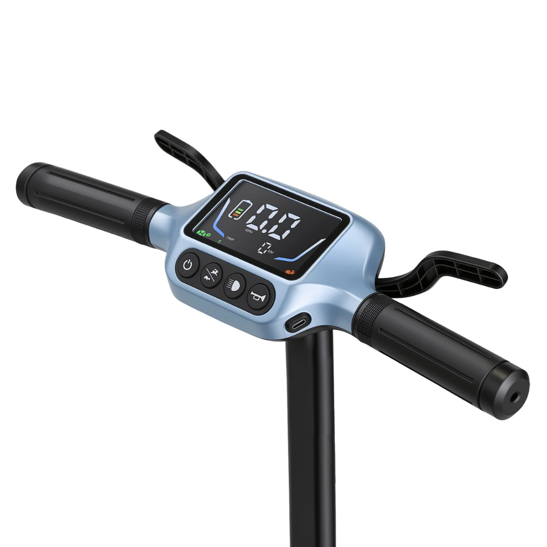 Close-up of the ScootNgo Voyager Lightweight Folding Scooter's handlebar with a digital display, control buttons, black grips, and turn signal handles, highlighting its portable design against a white background.