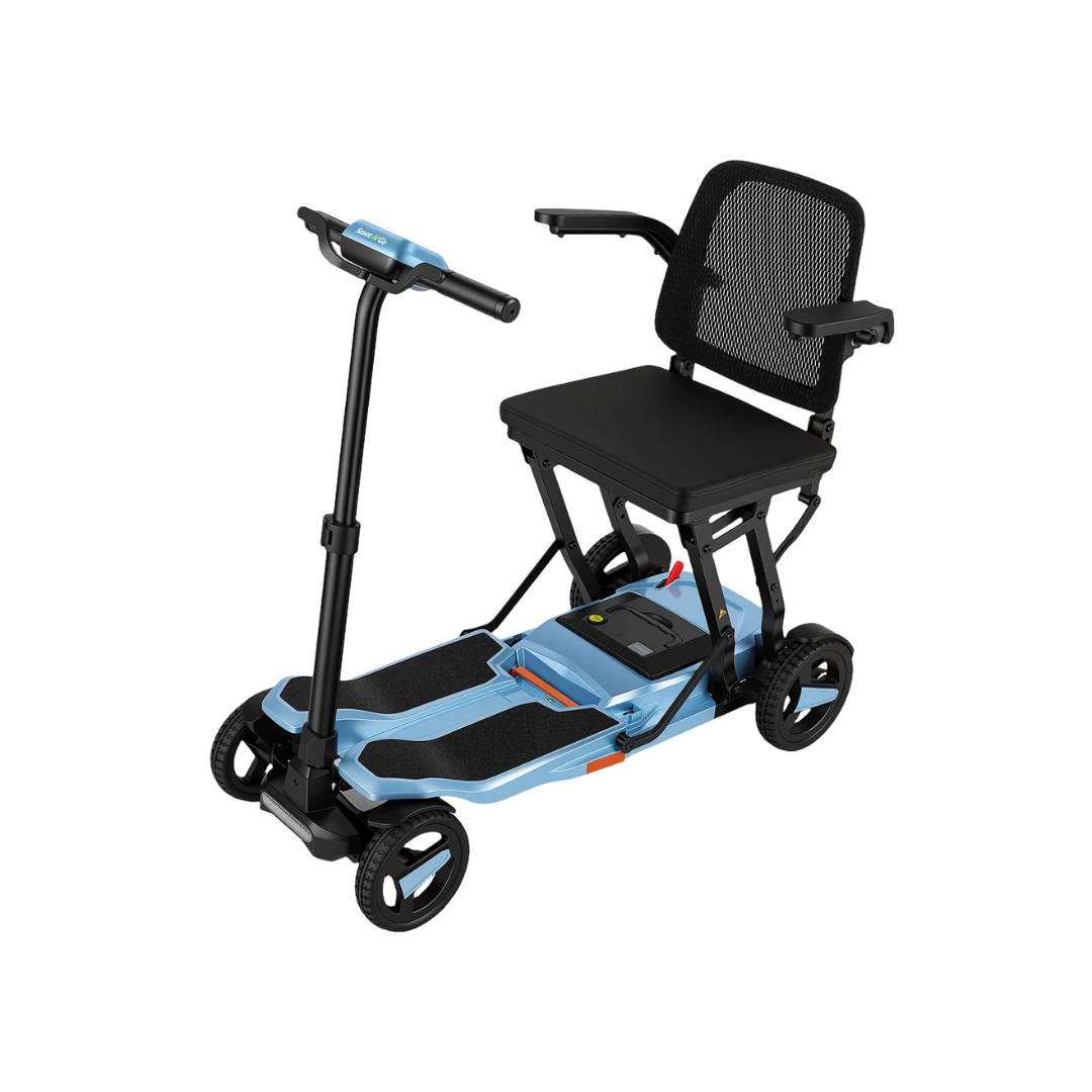 The ScootNgo Voyager Lightweight Folding Scooter is a compact, blue four-wheel mobility scooter with a black mesh seat, armrests, and a handlebar—designed for easy transport and reliable mobility assistance.