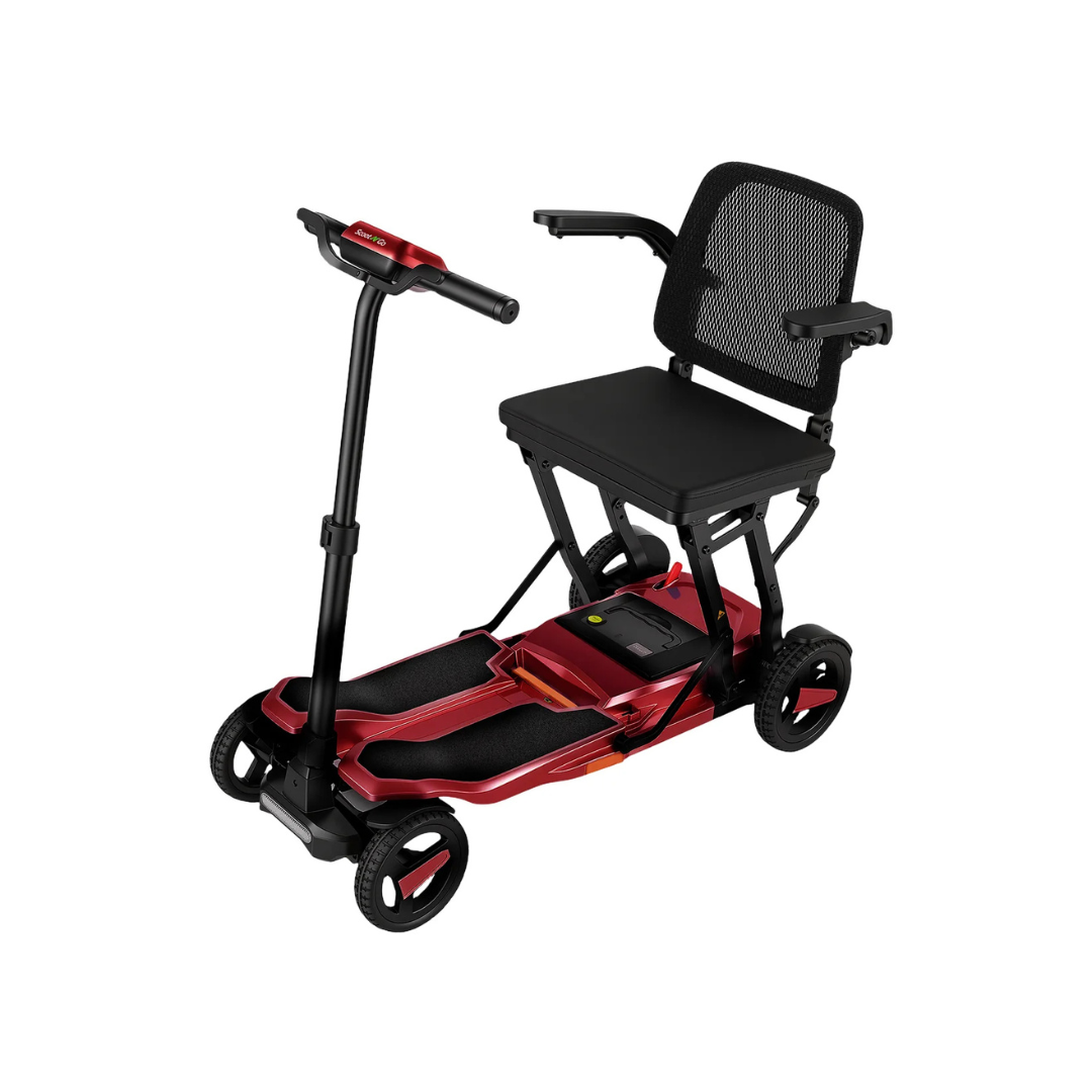 The ScootNgo Voyager Lightweight Folding Scooter is a compact red and black 4-wheel scooter with a mesh backrest, foldable armrests, and simple handlebar—ideal for easy transport and personal mobility support.