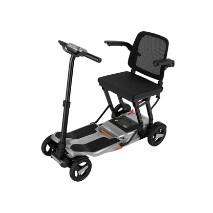 The ScootNgo Voyager Lightweight Folding Scooter features a mesh backrest, padded seat, armrests, four wheels, and handlebar steering—designed for easy transport and accessibility.