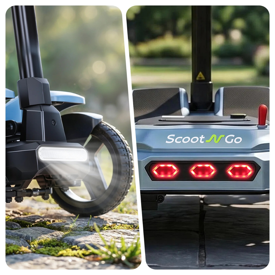 Close-up of a blue ScootNgo Voyager Lightweight Folding Scooter. Left: front wheel with bright headlight on cobblestones. Right: rear view shows "ScootNgo Voyager" logo above three red taillights outdoors on a sunny day.