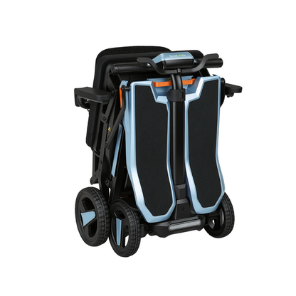 The ScootNgo Voyager Lightweight Folding Scooter, featuring black and light blue panels, four wheels, and a handlebar, is displayed against a white background.