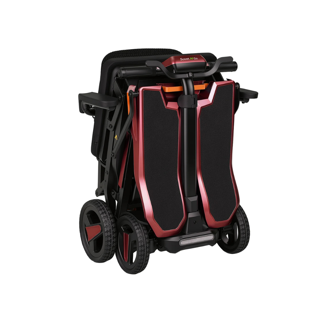 The ScootNgo Voyager Lightweight Folding Scooter features black panels with red trim and folds compactly on four wheels, making it easy to transport or store.