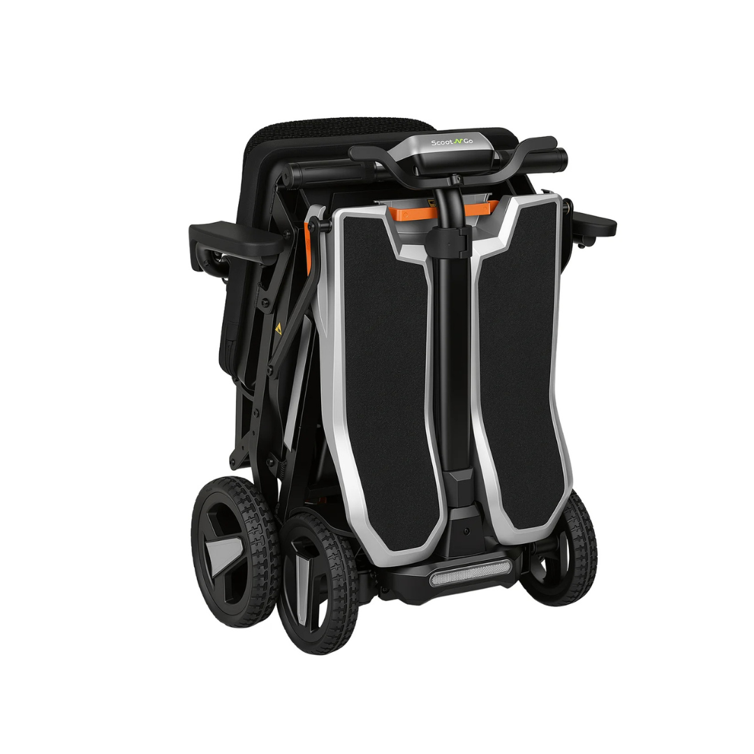 A black and silver ScootNgo Voyager Lightweight Folding Scooter with large rear wheels, sturdy frame, and sleek design, shown from the back in its folded, compact form.