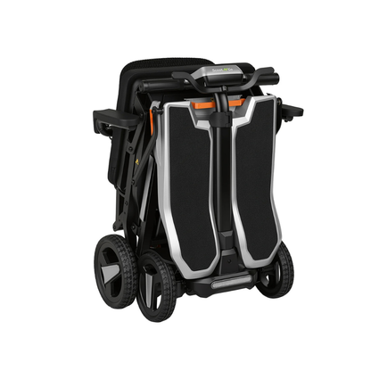 A black and silver ScootNgo Voyager Lightweight Folding Scooter with large rear wheels, sturdy frame, and sleek design, shown from the back in its folded, compact form.