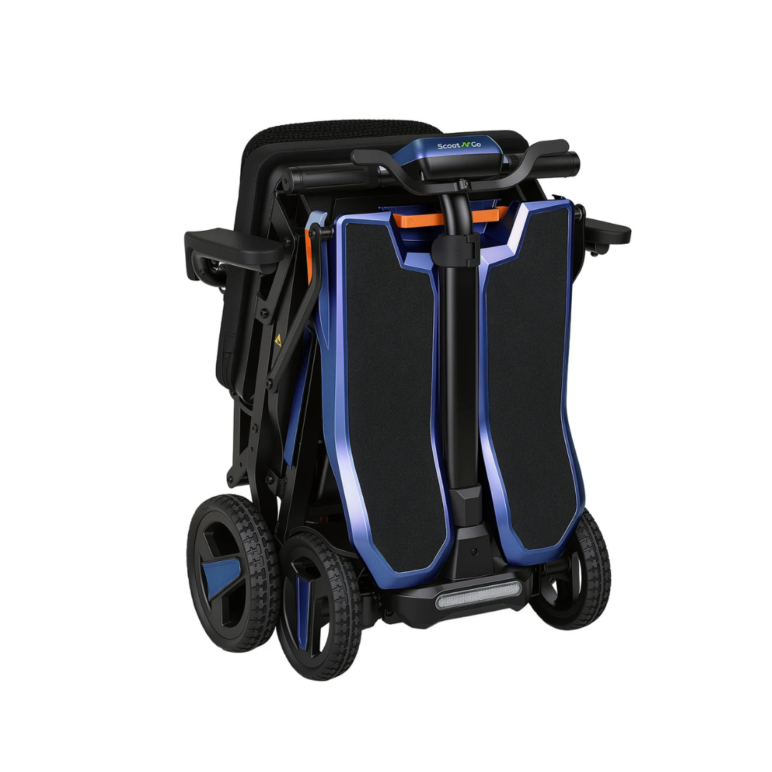 The ScootNgo Voyager Lightweight Folding Scooter is a compact, foldable mobility scooter in black and metallic blue, featuring large rear wheels and a top handle—perfect for convenient transport and easy storage.