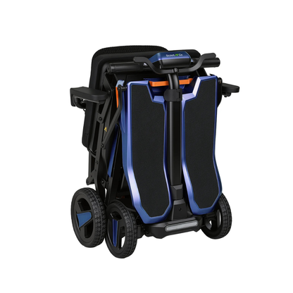 The ScootNgo Voyager Lightweight Folding Scooter is a compact, foldable mobility scooter in black and metallic blue, featuring large rear wheels and a top handle—perfect for convenient transport and easy storage.