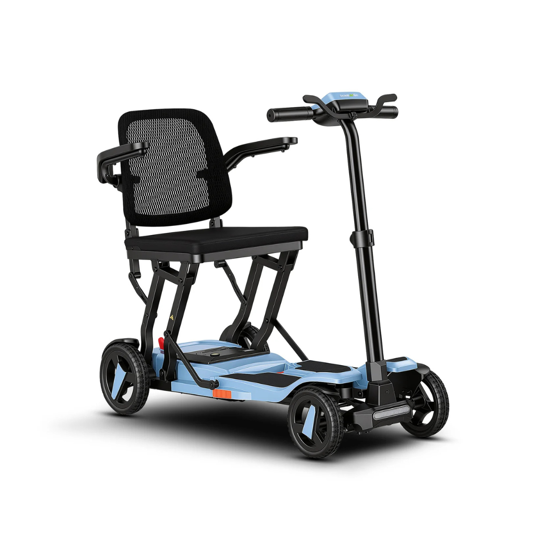 The ScootNgo Voyager Lightweight Folding Scooter is a compact, foldable blue scooter with four wheels, armrests, handlebars, and a black mesh backrest for easy transport and mobility assistance.