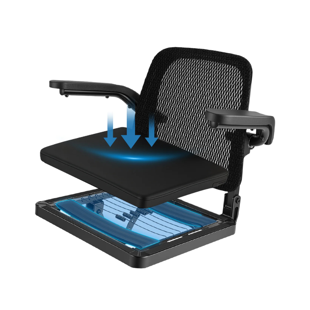 A black office chair with mesh backrest and foldable armrests is shown. Like the ScootNgo Voyager Lightweight Folding Scooter, the seat lifts to reveal internal cushioning and support, with blue arrows illustrating airflow or pressure relief.