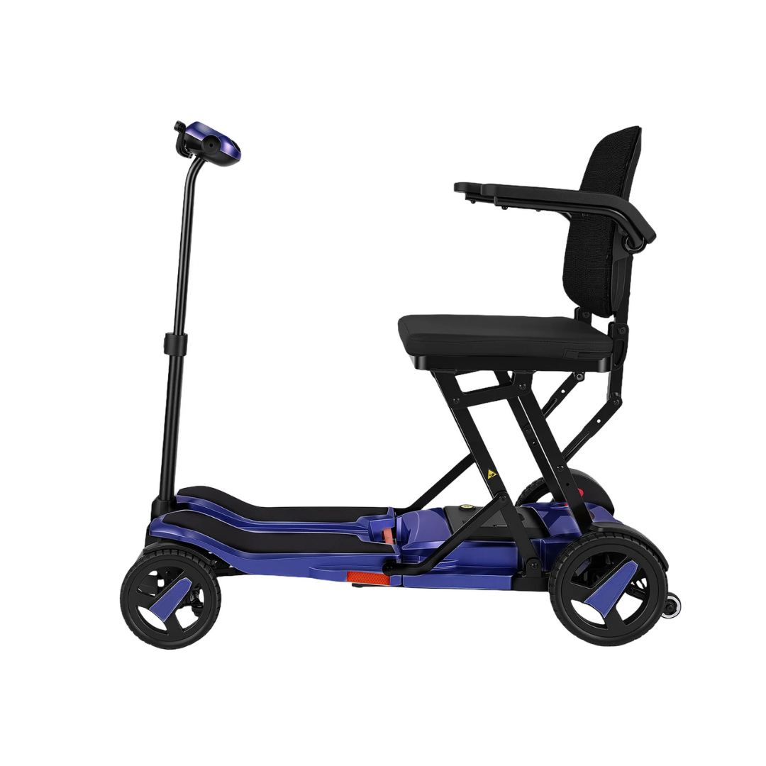 The ScootNgo Voyager Lightweight Folding Scooter, shown from the side in blue and black, features three wheels, a padded seat with armrests, a handlebar, and a compact foldable design for easy transport.