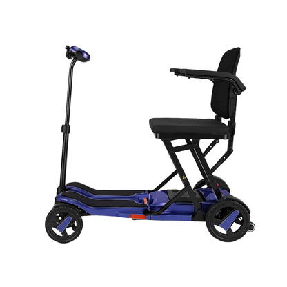 The ScootNgo Voyager Lightweight Folding Scooter, shown from the side in blue and black, features three wheels, a padded seat with armrests, a handlebar, and a compact foldable design for easy transport.