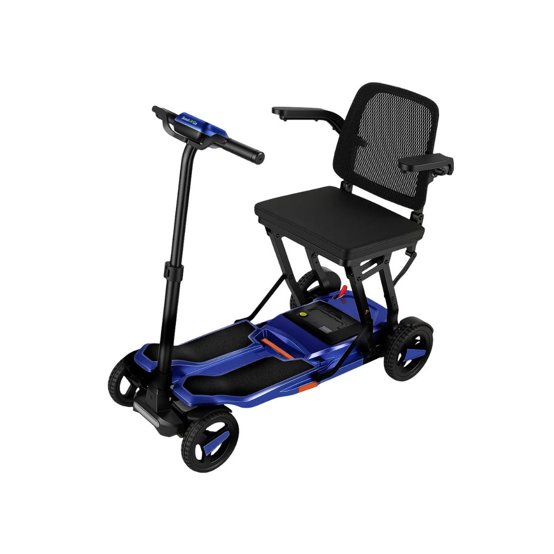 The ScootNgo Voyager Lightweight Folding Scooter is a compact, blue and black four-wheel scooter with a mesh backrest, armrests, and simple handlebars, designed for easy transport and accessibility.