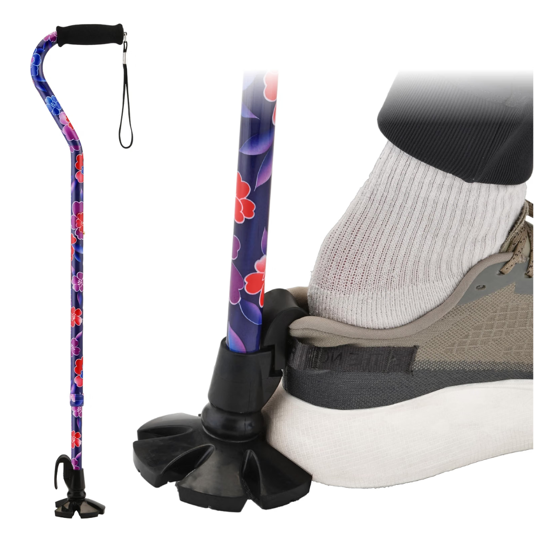 A Nova Walking Cane with Shoe Horn | 2-in-1 Shoe Helper & Walking Aid is shown featuring a floral pattern and a quad base. One image highlights the base pressing against the heel of a sneaker, demonstrating its innovative shoe horn function for easy shoe removal.
