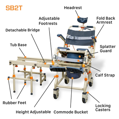 The ShowerBuddy SB2T TubBuddy with Tilt is a rolling shower chair and commode with a detachable bridge, tub base, adjustable footrests, fold-back armrest, headrest, splatter guard, calf strap, locking casters, and commode bucket for accessible bathing.