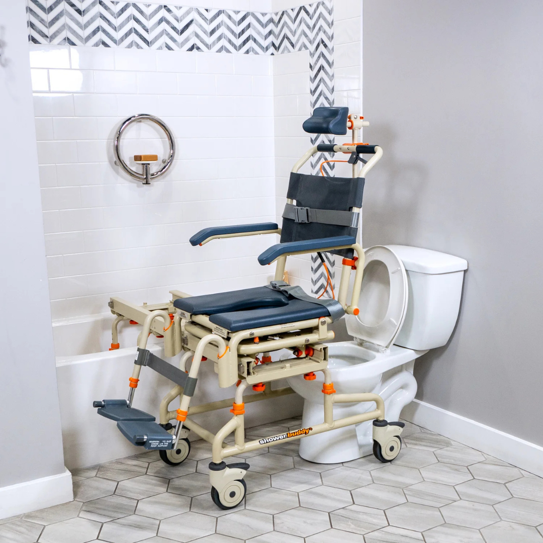 The ShowerBuddy SB2T TubBuddy with Tilt is a wheeled medical transfer chair that safely spans both a bathtub and toilet, providing accessible movement for individuals with mobility challenges in modern bathrooms.