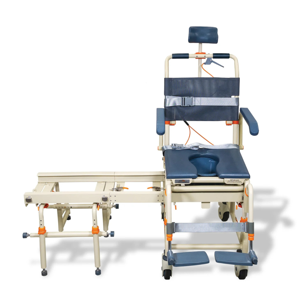 The ShowerBuddy SB2T TubBuddy with Tilt is a rolling shower chair featuring blue padding, armrests, headrest, and wheels, designed with a transfer system for easy and accessible movement between bathing surfaces.