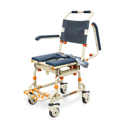The ShowerBuddy SB2 TubBuddy Bathing System with Rolling Chair features a cream frame with orange accents, padded seat and backrest, armrests, footrests, seatbelt, and four caster wheels for accessible bathing and reduced caregiver strain.