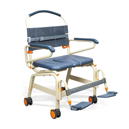 The ShowerBuddy SB6C Bariatric Rolling Shower Chair features a blue and beige design with armrests, backrest, seatbelt, leg straps, footrests, and locking orange caster wheels for safe bathing and mobility as a roll-in shower chair.