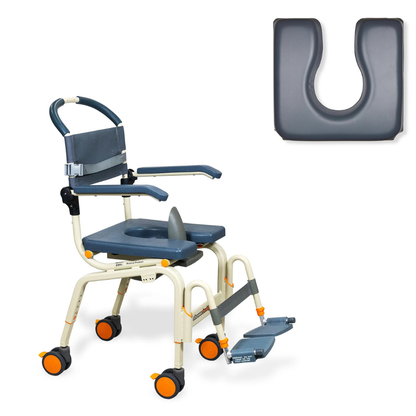 The ShowerBuddy SB6C Roll-in shower chair Commode is lightweight, with armrests, footrests, orange caster wheels, a U-shaped seat opening, and a detachable padded seat insert shown in the top right corner.