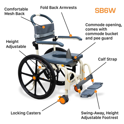 The ShowerBuddy SB6W Roll-In Shower Wheelchair features fold-back armrests, mesh back, height-adjustable frame, locking casters, swing-away footrest, calf strap, and a commode opening with bucket and pee guard. Labeled features are highlighted.