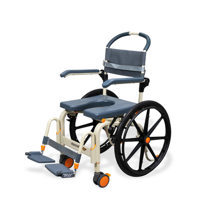 The ShowerBuddy SB6W Roll-In Shower Wheelchair is lightweight, self-propelled, with a padded seat and open commode section, armrests, large rear wheels, swiveling front wheels, and footrests—ideal for shower mobility and bathroom use.
