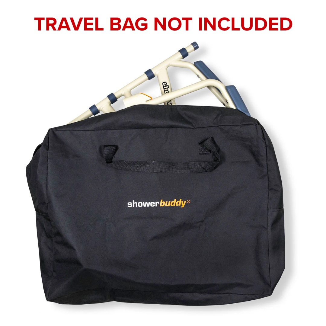 A black travel bag with handles is shown in front of a partially visible ShowerBuddy SB7e Folding Shower Chair. Red text above says, TRAVEL BAG NOT INCLUDED.