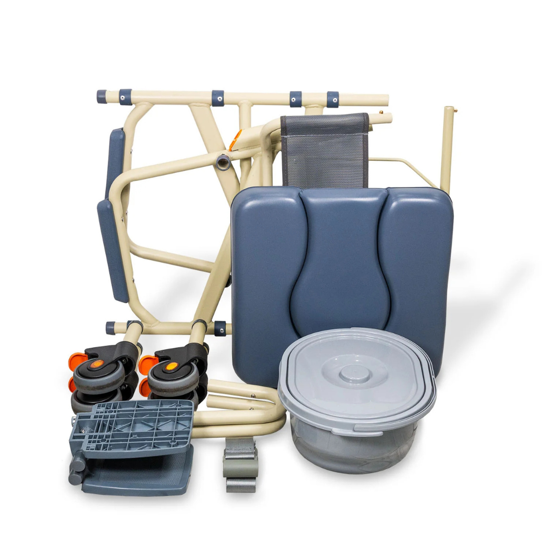 Folded and disassembled parts of the ShowerBuddy SB7e Folding Shower Chair, including padded seat sections, wheels, a collapsible tray, and a clear lidded container, all arranged against a white background.